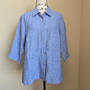 Coldwater Creek Linen Shirt Womens PL 3/4 Sleeve Boho Lagenlook Blue